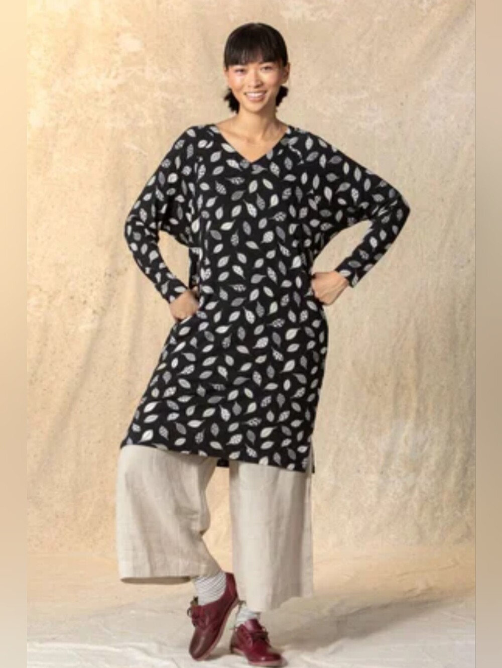 Gudrun Sjödén "Spirit" Jersey Leaves Midi Dress Black White Lagenlook Size XL